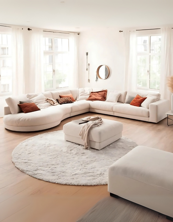 كنبة ركنة وبوف خشب زان وقماش قطيفة - اوف وايت كود sofa10036
