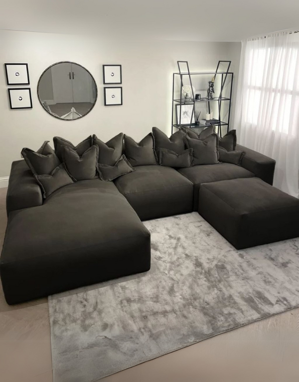 كنبة ركنة وبوف خشب زان و قطيفة - أسود كود sofa10010