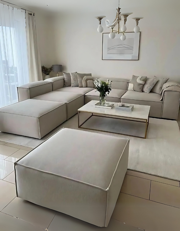 كنبة ركنة و 2 بوف خشب طبيعي و قماش كتان - بيج غامق كود sofa10047
