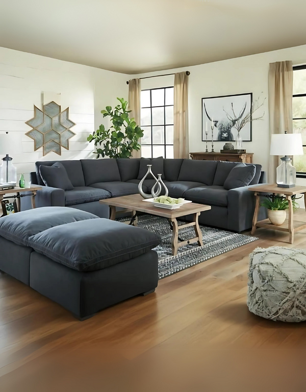 كنبة ركنة و 2 بوف خشب زان وقطيفة - رمادي كود sofa10044