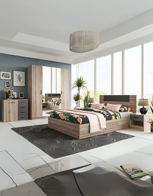 غرفة نوم خشب ام دي اف 5 قطع - بيج و رمادي كود Bedroom12021