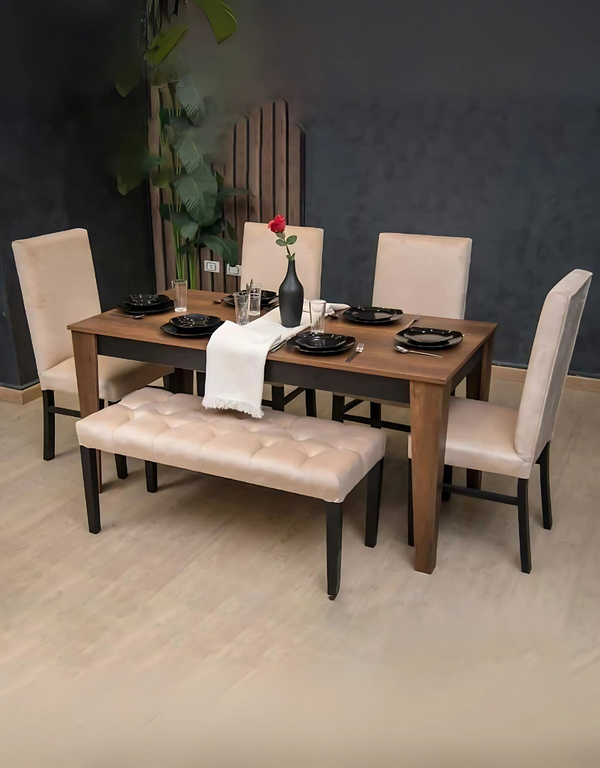 سفره خشب زان وخشب اتحاد اوروبي وقطيفة 6 قطع - بيج و أسود كود Diningtable11010