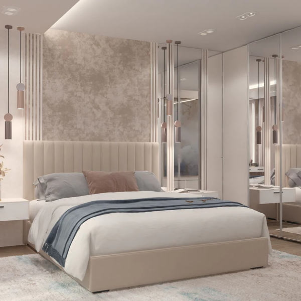 Super King Bed in Red Beech Wood and Beige Velvet