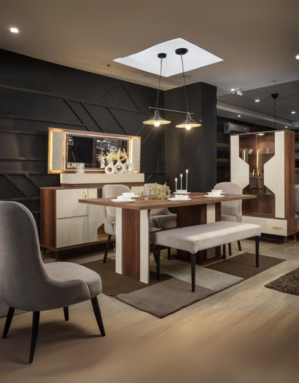 غرفة طعام خشب ام دي اف 9 قطع - اوف وايت وبني كود Diningtable11019