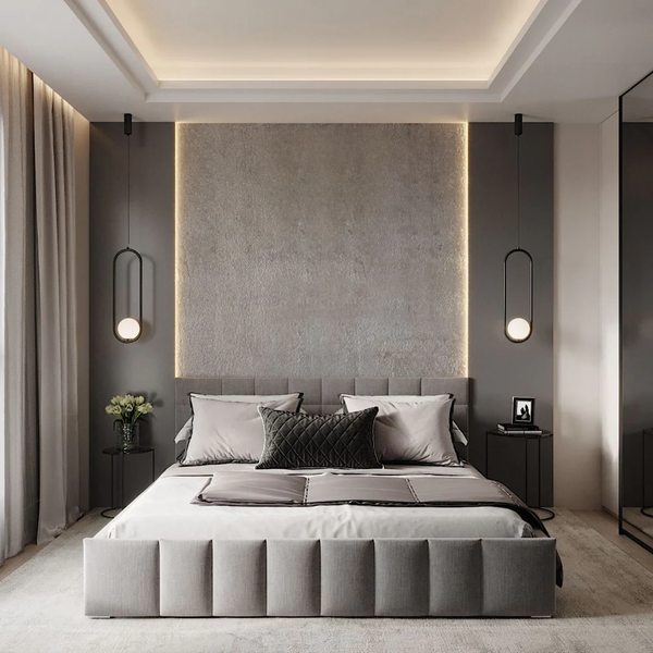 Super bed made of plywood and gray velvet fabric