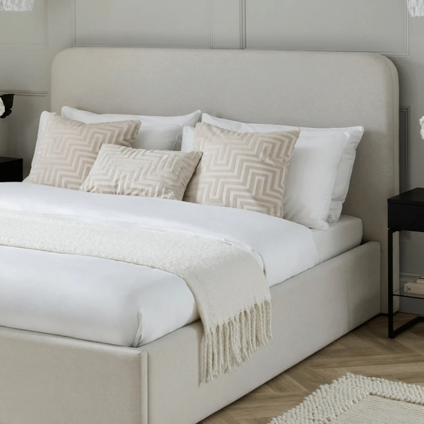 Super King Bed, Plywood and Velvet Fabric, Beige