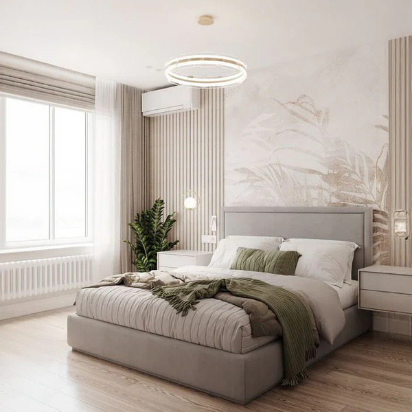 Wooden bed with gray velvet fabric