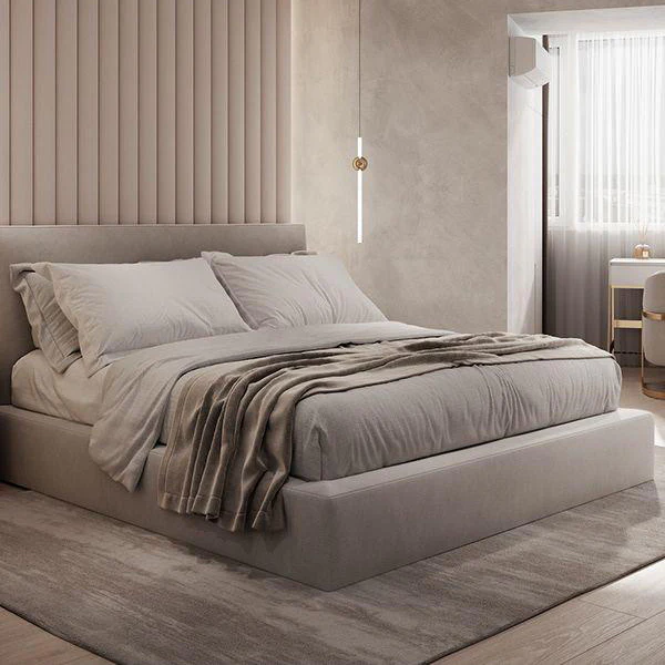 Super King Bed in Red Beech Wood and Beige Velvet