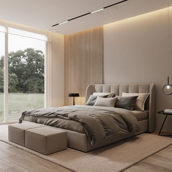 Super bed, plywood wood and ribbed velvet fabric in beige.