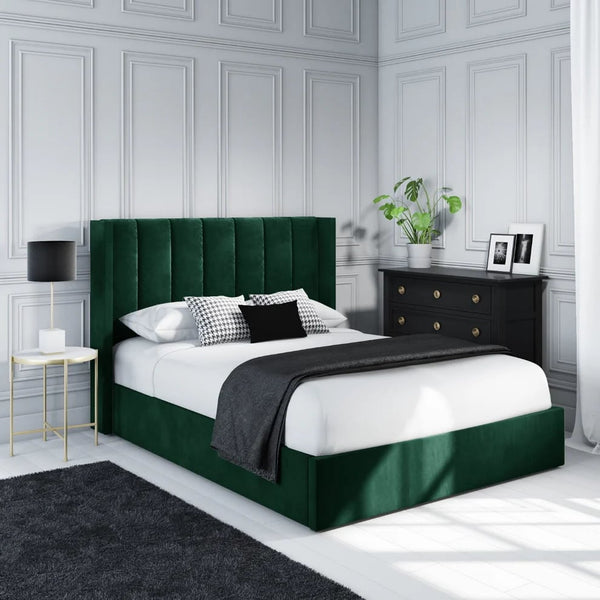 Super King Bed, Plywood Wood and Dark Olive Velvet Fabric