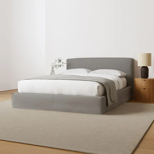 Super bed, plywood wood and gray velvet fabric