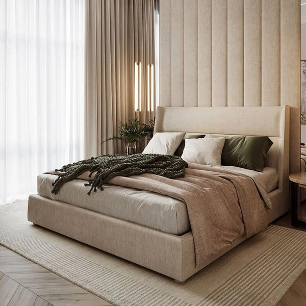 Super bed made of plywood and beige velvet fabric