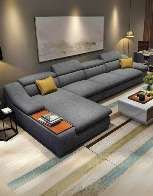 كنبة ركنة خشب زان و قماش كتان - رمادي كود sofa10039