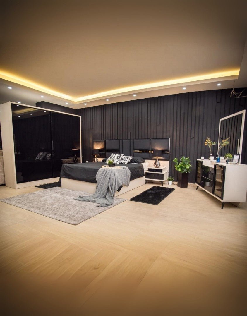 غرفة نوم خشب ام دي اف 5 قطع - اوف وايت و اسود كود Bedroom12005 _ غرفة نوم