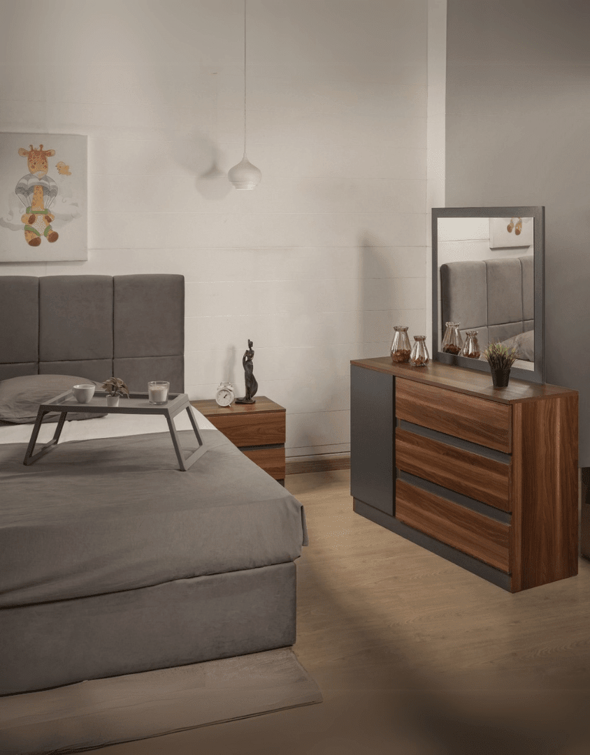 غرفة نوم خشب ام دي اف 5 قطع - بني ورمادي كود Bedroom12025 _ غرفة نوم