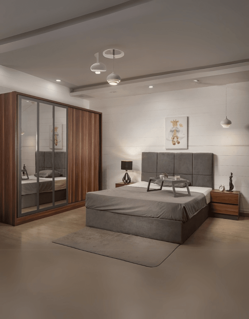 غرفة نوم خشب ام دي اف 5 قطع - بني ورمادي كود Bedroom12025 _ غرفة نوم