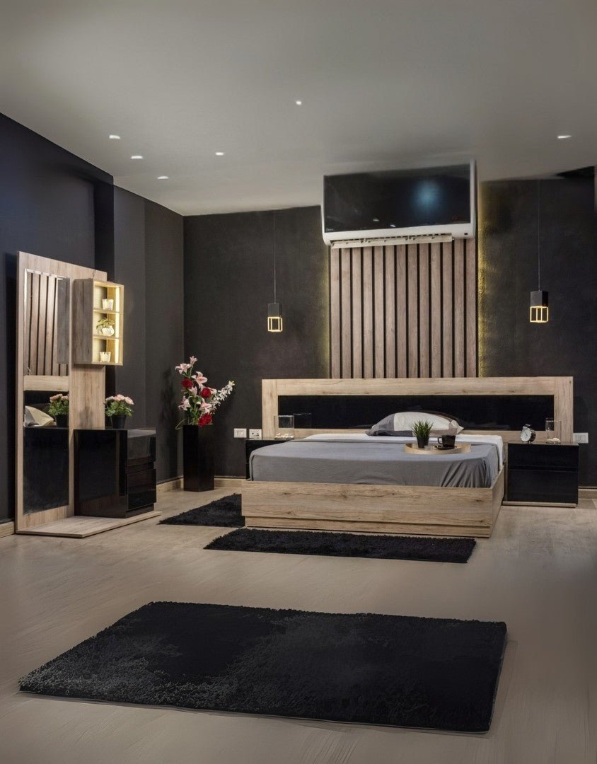 غرفة نوم خشب ام دي اف 5 قطع - بيج و اسود كود Bedroom12011 _ غرفة نوم