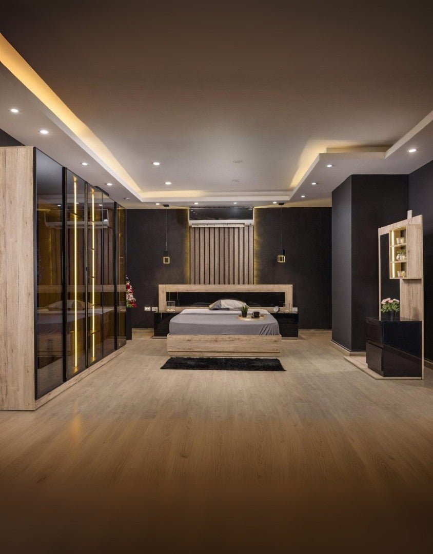 غرفة نوم خشب ام دي اف 5 قطع - بيج و اسود كود Bedroom12011 _ غرفة نوم