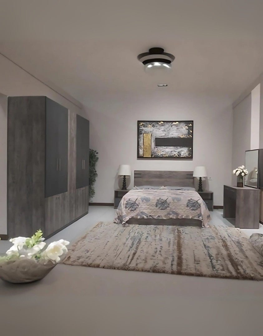 غرفة نوم خشب حُبيبي 5 قطع - بني و رمادي كود Bedroom12009 _ غرفة نوم