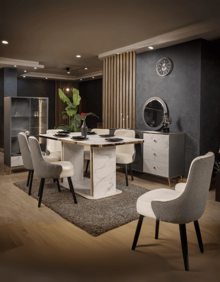 غرفة طعام خشب ام دي اف 10 قطع - رمادي و ابيض كود Diningtable11017 _ سفرة