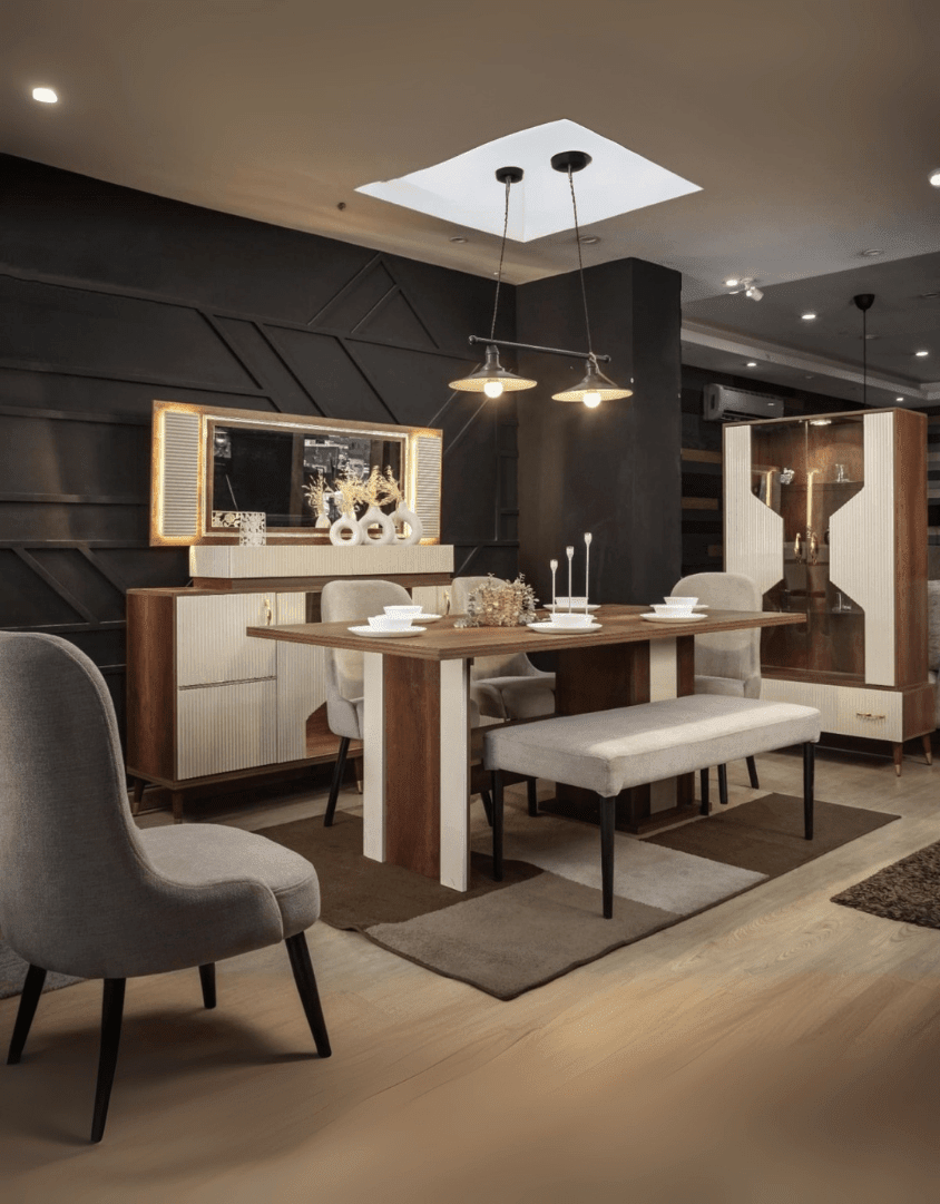 غرفة طعام خشب ام دي اف 9 قطع - اوف وايت وبني كود Diningtable11019 _ سفرة