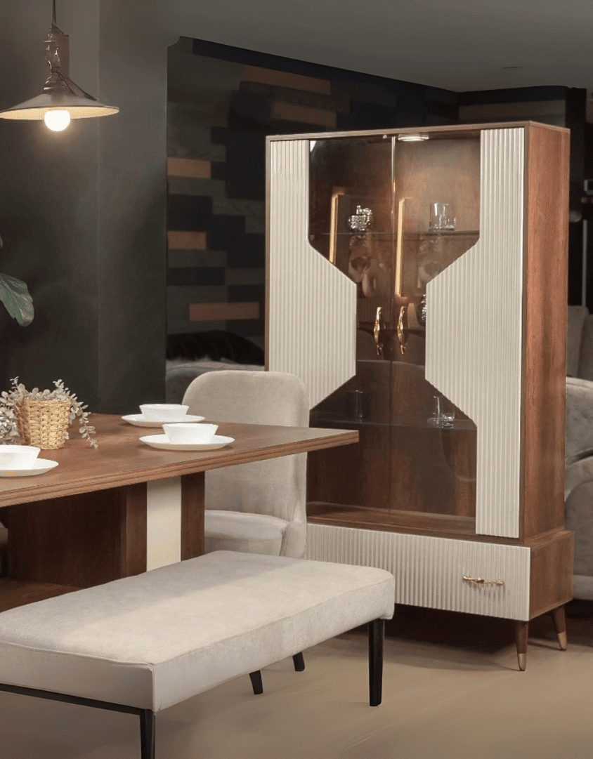 غرفة طعام خشب ام دي اف 9 قطع - اوف وايت وبني كود Diningtable11019 _ سفرة