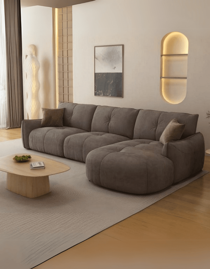 كنبة ركنة بني – أثاث خشب زان وقماش كتان نجيب سليم | SKU: sofa10009 _ ركنة مودرن