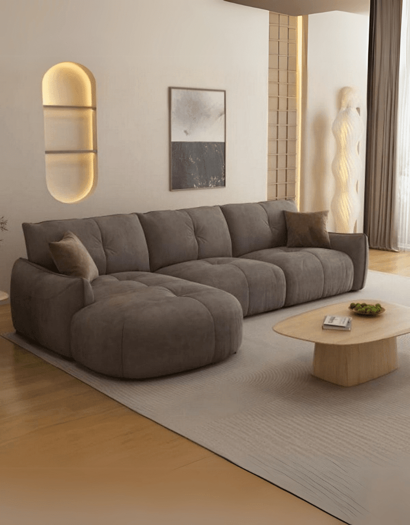 كنبة ركنة بني – أثاث خشب زان وقماش كتان نجيب سليم | SKU: sofa10009 _ ركنة مودرن