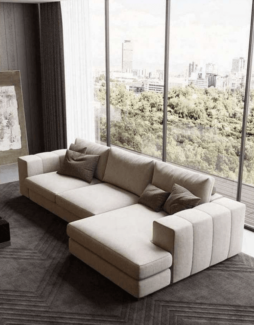 كنبة ركنة بيج – أثاث خشب زان وتنجد بكتان نجيب سليم وإسفنج سوفت | SKU: sofa10021 _ ركنة مودرن
