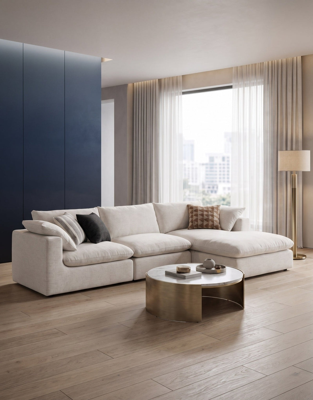 كنبة ركنة مودرن بيج شيزلونج – أثاث خشب زان أحمر وقماش قطيفة | SKU: sofa10033 _ ركنة مودرن