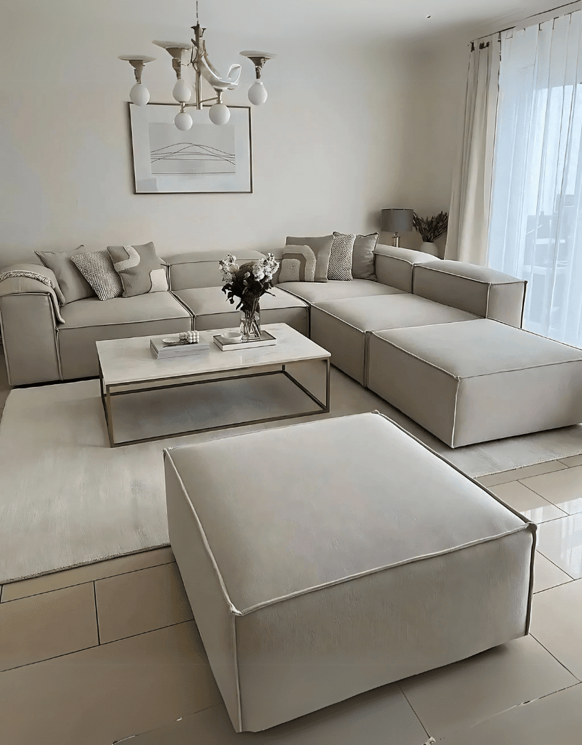 كنبة ركنة و 2 بوف خشب طبيعي و قماش كتان - بيج غامق كود sofa10047 _ ركنة مودرن