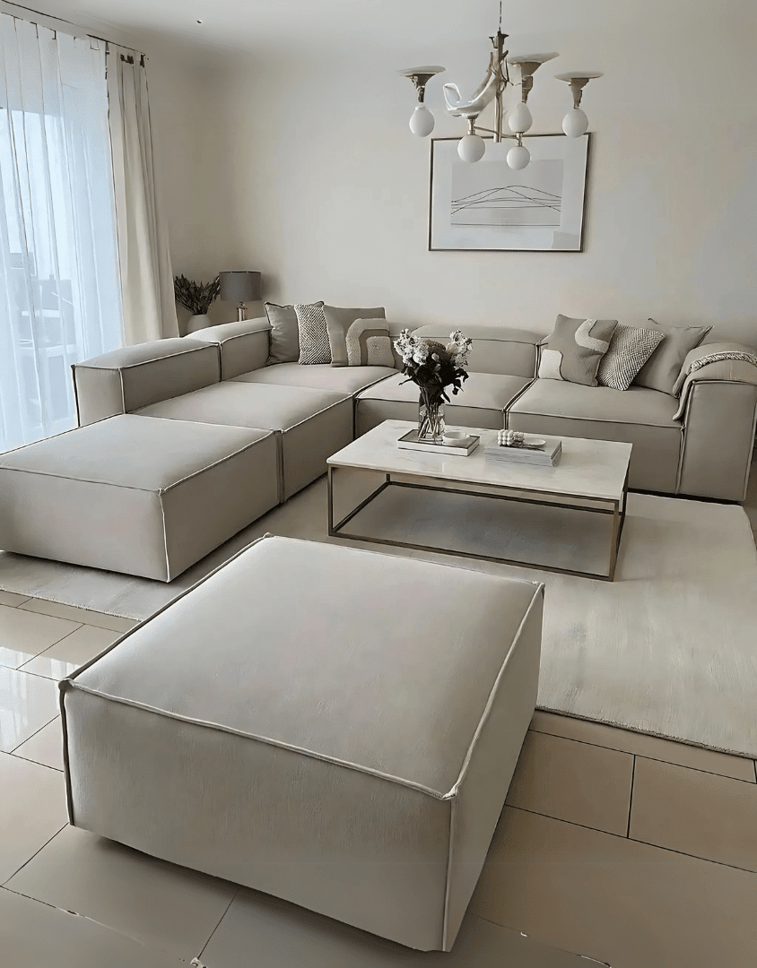 كنبة ركنة و 2 بوف خشب طبيعي و قماش كتان - بيج غامق كود sofa10047 _ ركنة مودرن