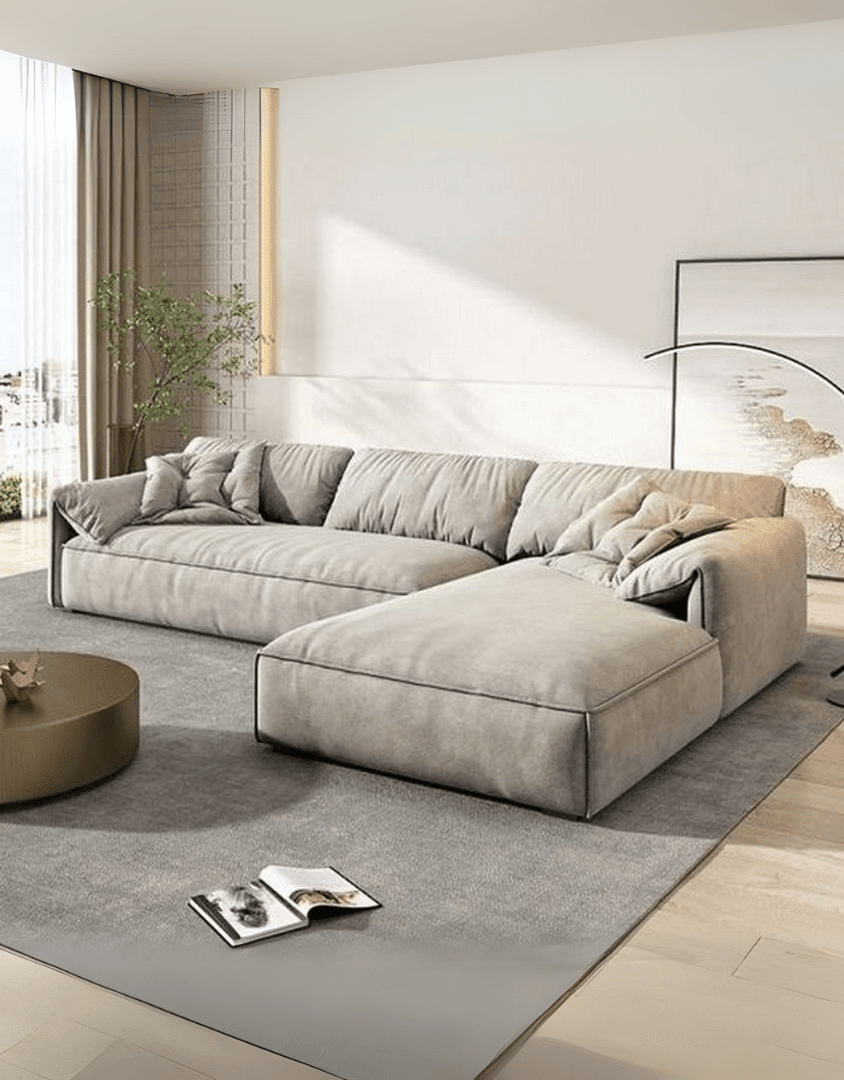 كنبة ركنة شازلونج مودرن بيج – أثاث خشب زان أحمر وقماش قطيفة | SKU: sofa10032 _ ركنة مودرن