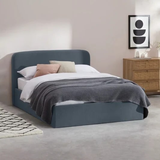 Super bed made of plywood and dark gray velvet fabric
