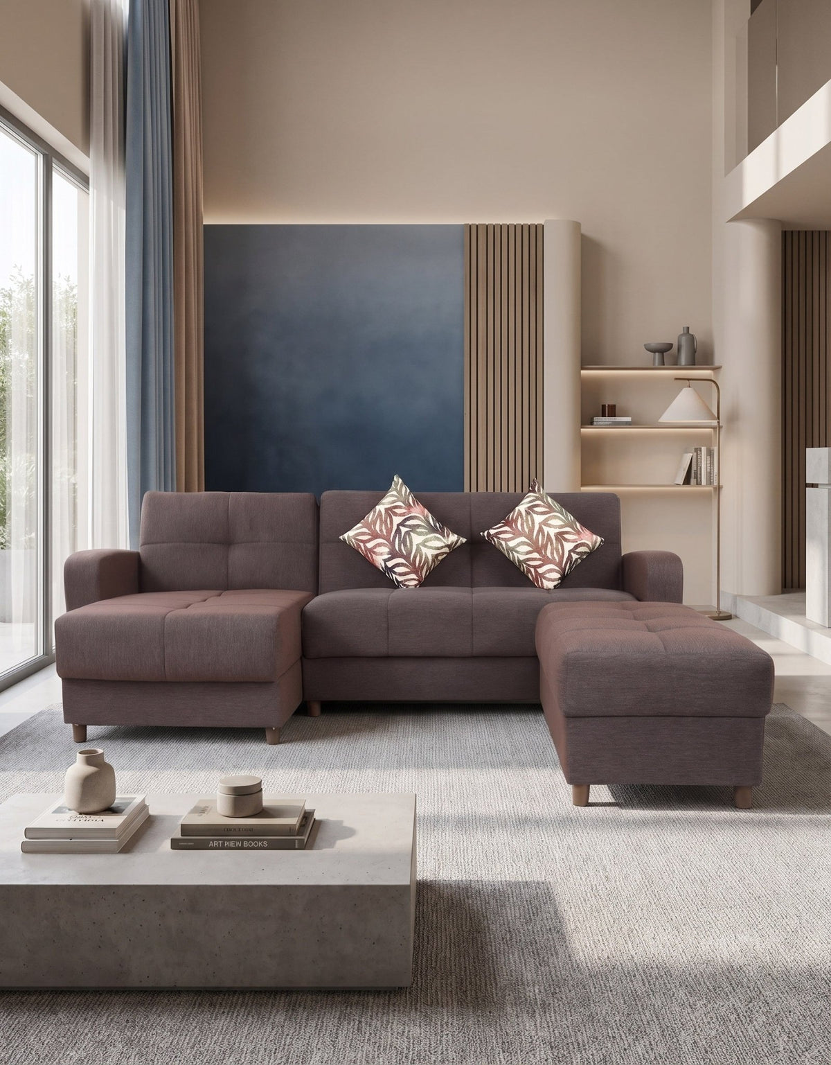 L كنبة ركنة الدورا – أثاث مودرن بني كنبة سرير بسحارة | SKU: sofa10005