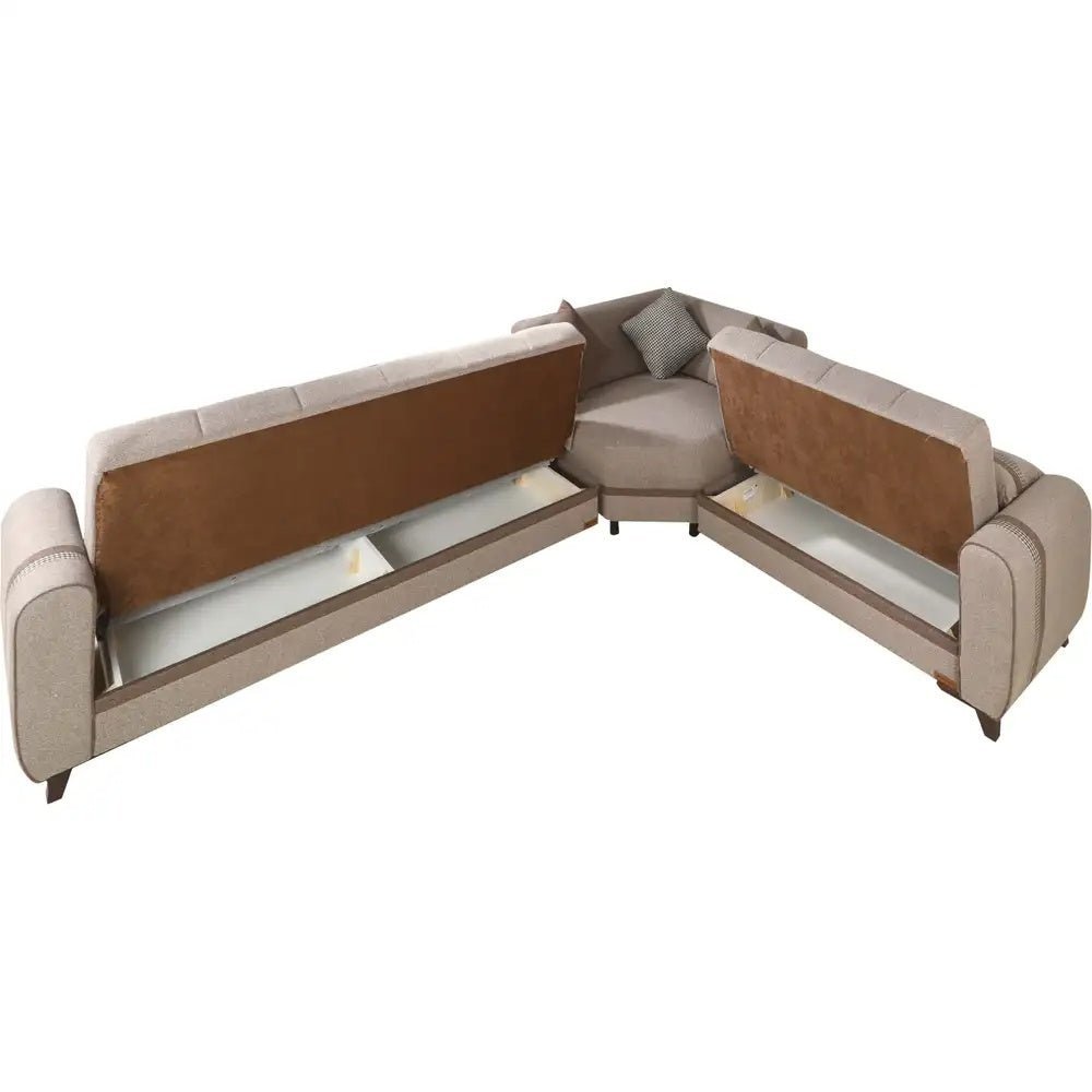 L corner sofa, pull-out sofa bed from Dora – natural wood furniture, beige linen | SKU: sofa10004 _ sofa bed