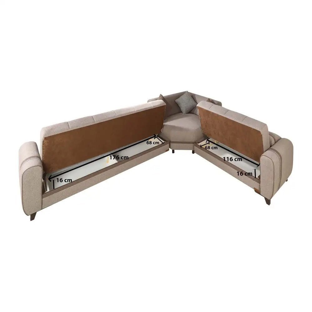 L كنبة ركنة كنبة سرير بسحارة من الدورا – أثاث خشب طبيعي كتان بيج | SKU: sofa10004 _ sofa bed
