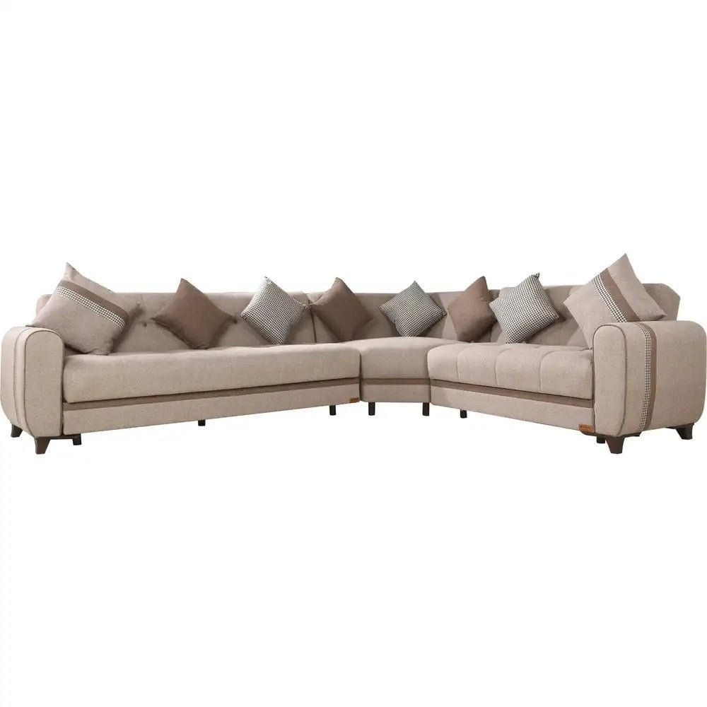 L corner sofa, pull-out sofa bed from Dora – natural wood furniture, beige linen | SKU: sofa10004 _ sofa bed