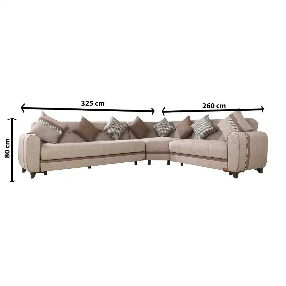 L corner sofa, pull-out sofa bed from Dora – natural wood furniture, beige linen | SKU: sofa10004 _ sofa bed
