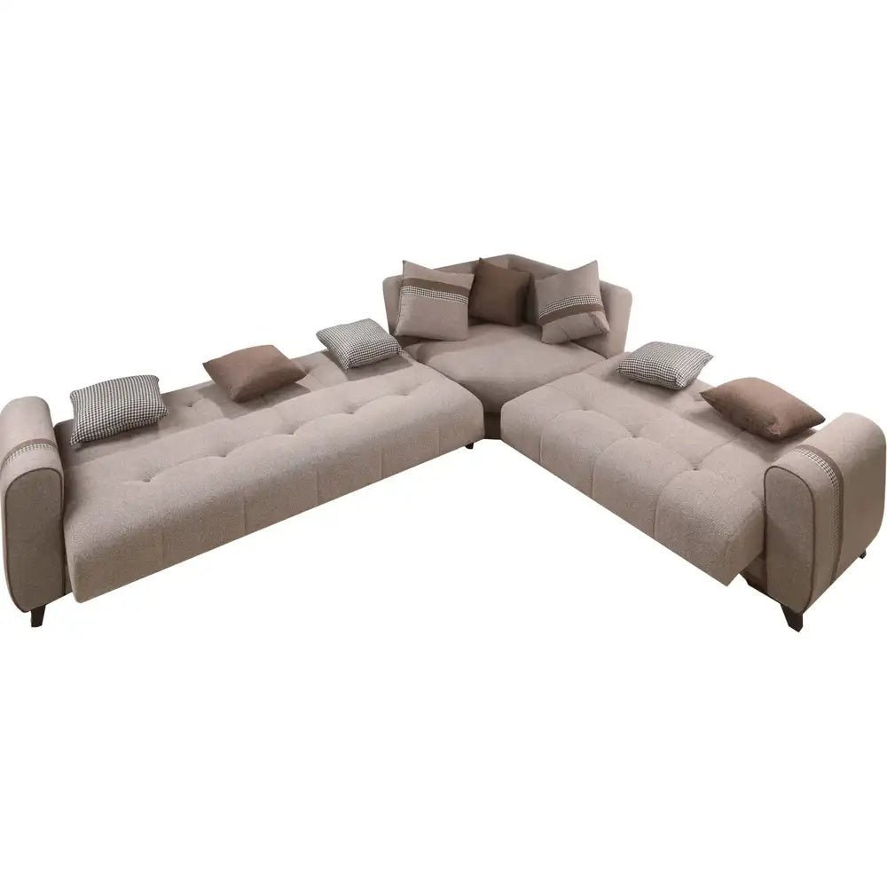 L كنبة ركنة كنبة سرير بسحارة من الدورا – أثاث خشب طبيعي كتان بيج | SKU: sofa10004 _ sofa bed