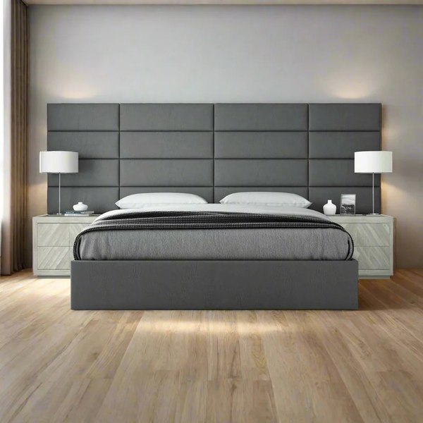 Dark gray velvet fabric and plywood bed