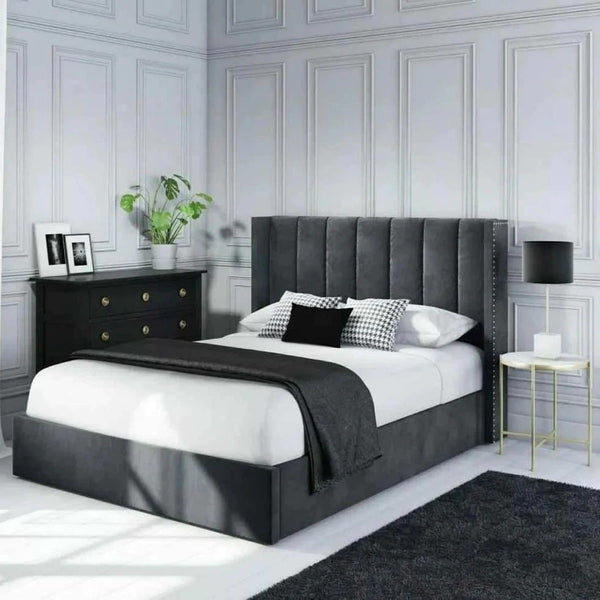 Super King Bed MDF Wood and Gray Velvet Fabric