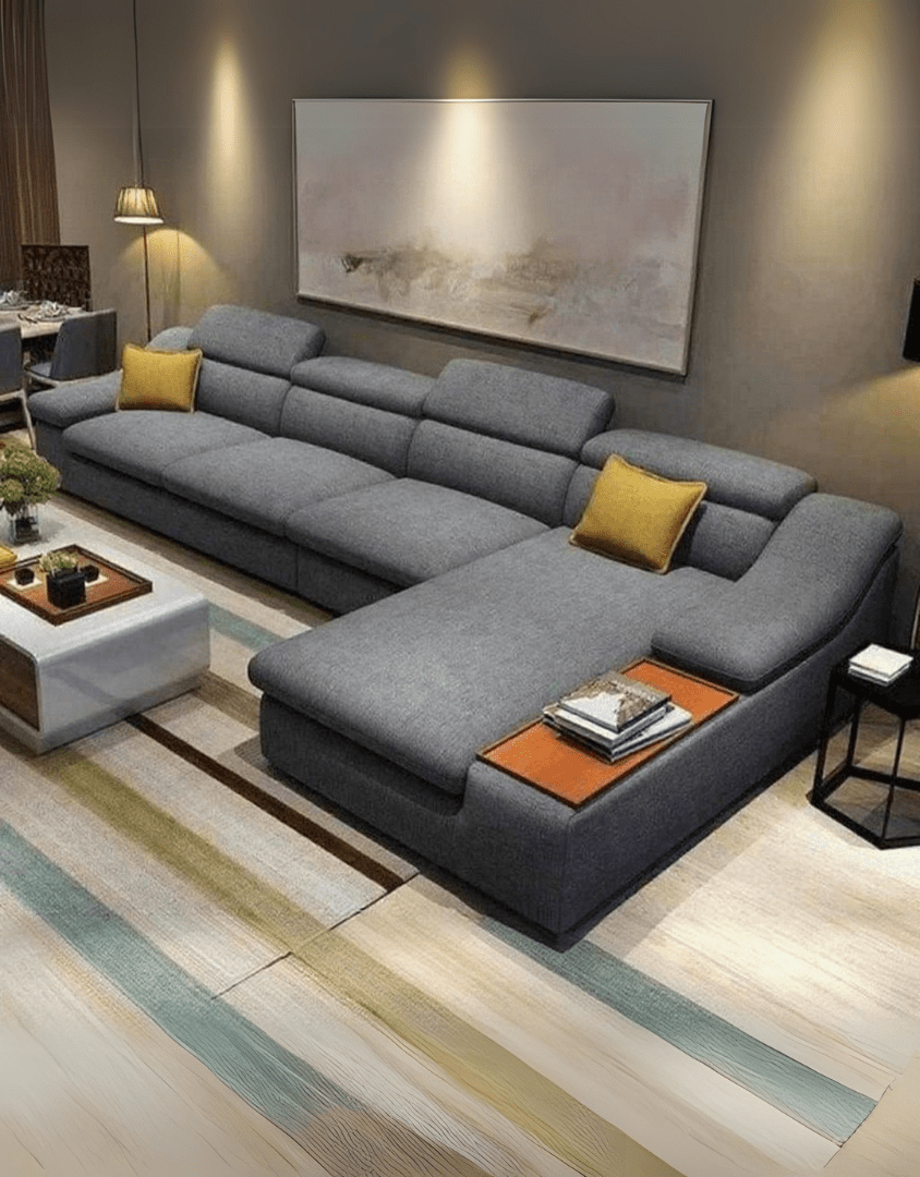 ركنة رمادي مودرن كبيرة – أثاث خشب زان وكتان | كنبة ركنة 2 قطع | SKU: sofa10039 _ ركنة مودرن