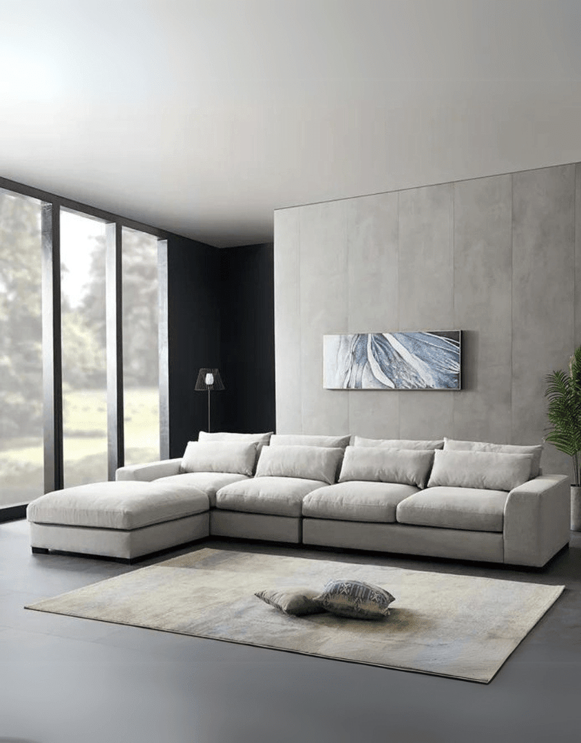 Modern gray corner sofa with pouf – Najib Selim walnut wood and linen furniture | SKU: sofa10035 _ modern corner sofa