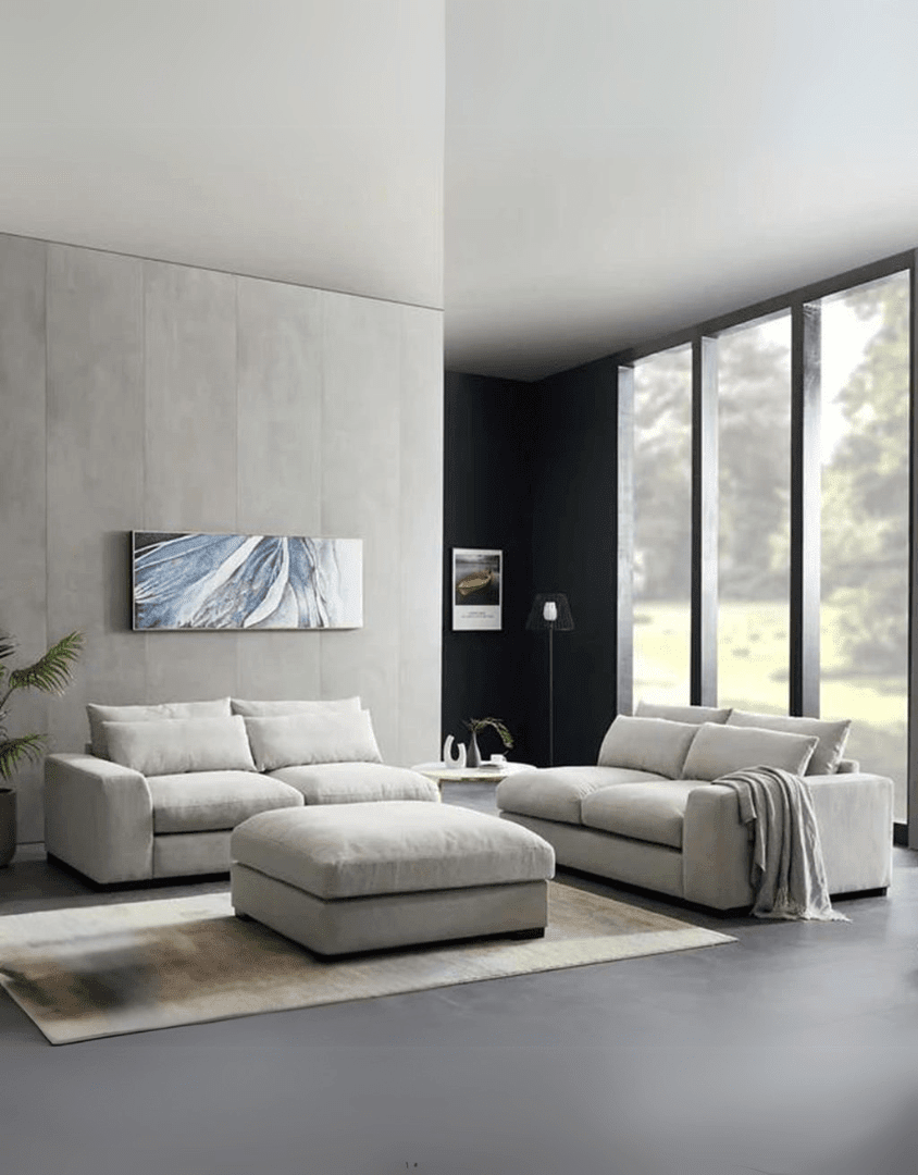 Modern gray corner sofa with pouf – Najib Selim walnut wood and linen furniture | SKU: sofa10035 _ modern corner sofa