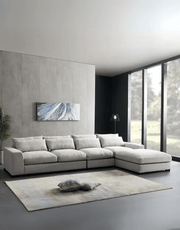 Modern gray corner sofa with pouf – Najib Selim walnut wood and linen furniture | SKU: sofa10035 _ modern corner sofa