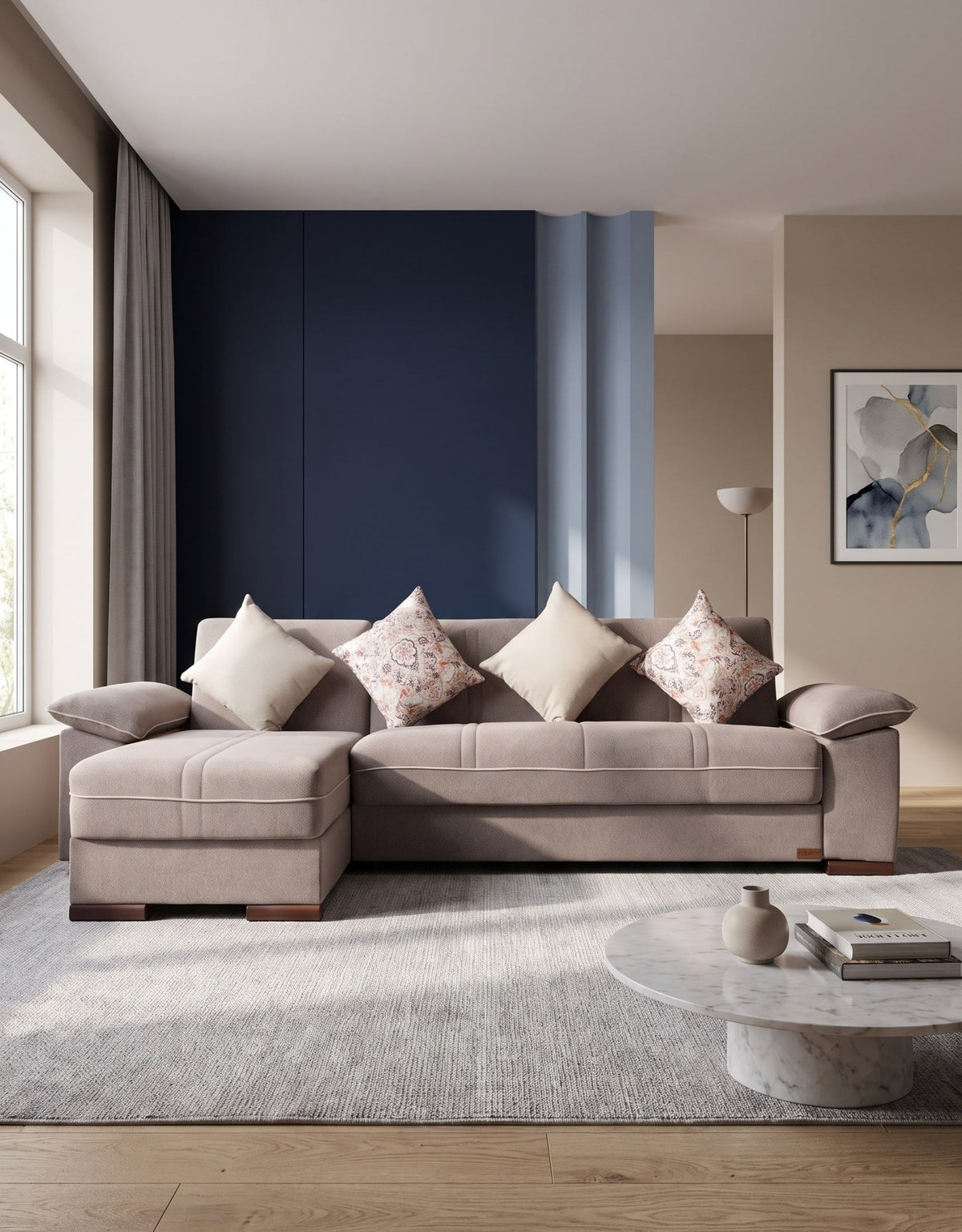 sofa10000 من الدورا L ركنة مودرن أثاث خشب طبيعي بكنبة سرير وشيزلونج بني فاتح _ sofa bed
