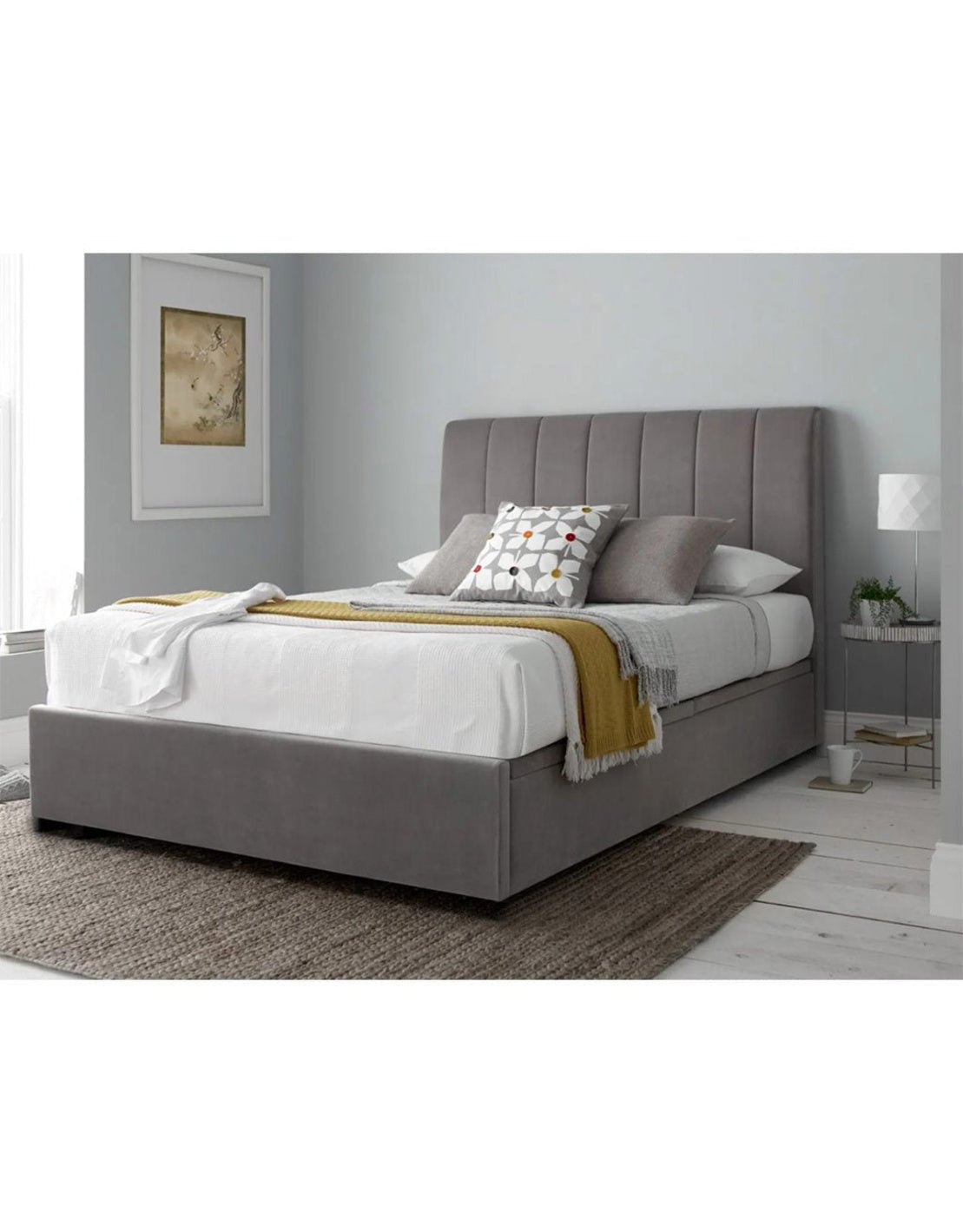 سرير فردي خشب زان احمر و قماش قطيفة رمادي كود bed5001