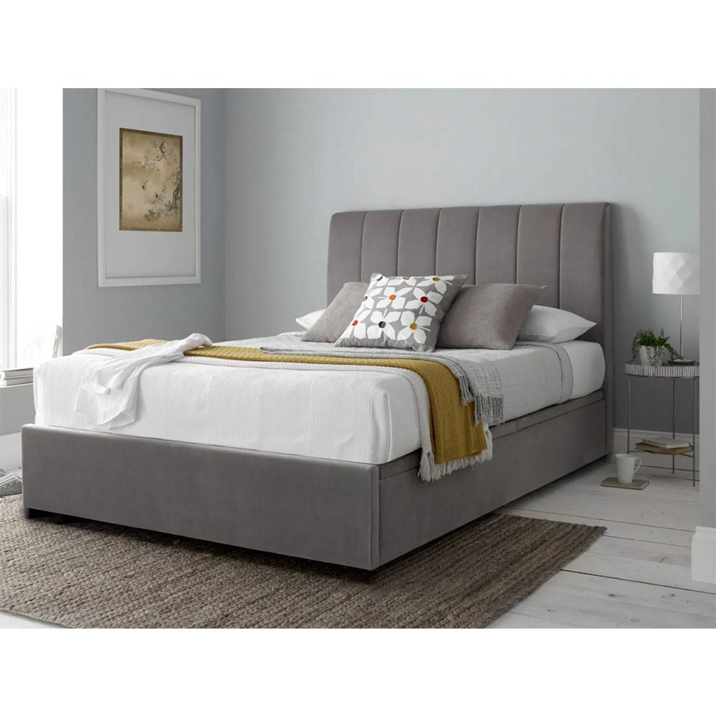 سرير فردي خشب زان احمر و قماش قطيفة رمادي كود bed5001 _