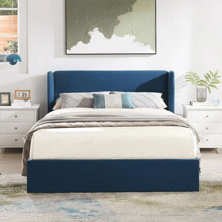 سرير خشب ام دي اف و قطيفة أزرق كود bed5046 _